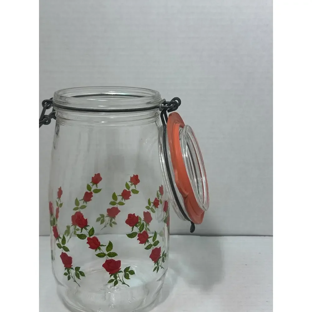 Vintage ARC Red Roses / Flowers Jar / Cannister Made in France 1.5 L